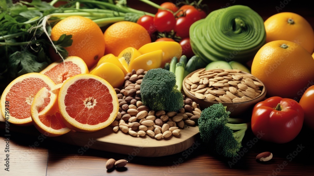 Close-up of a healthy meal consisting of fruits, vegetables, and whole grains, promoting a balanced diet to reduce stroke risk Close-up of a healthy meal consisting of fruits, vegetables, and whole grains, promoting a balanced diet to reduce stroke risk