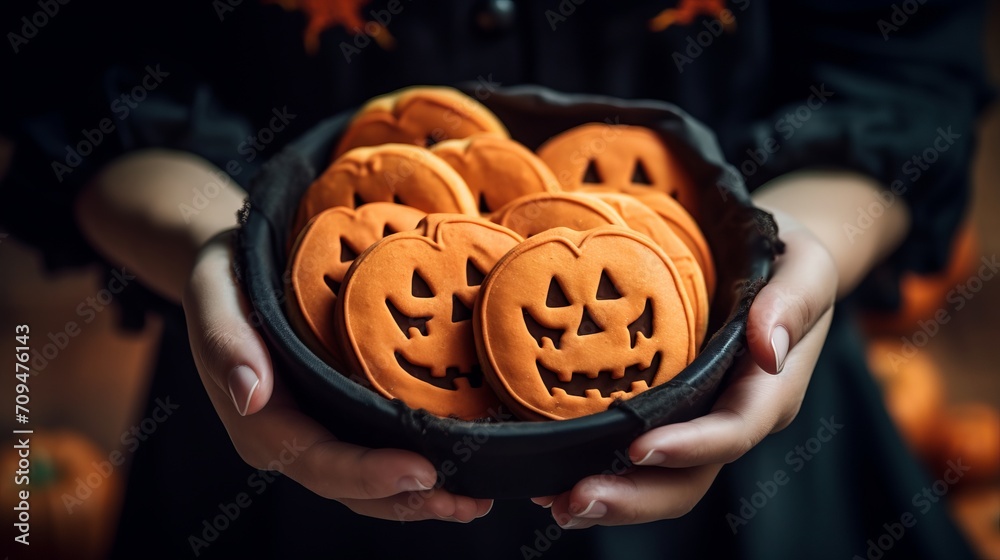 Close-up of a person's hands holding pumpkin-shaped cookies, ideal for illustrating festive baking or Halloween treats