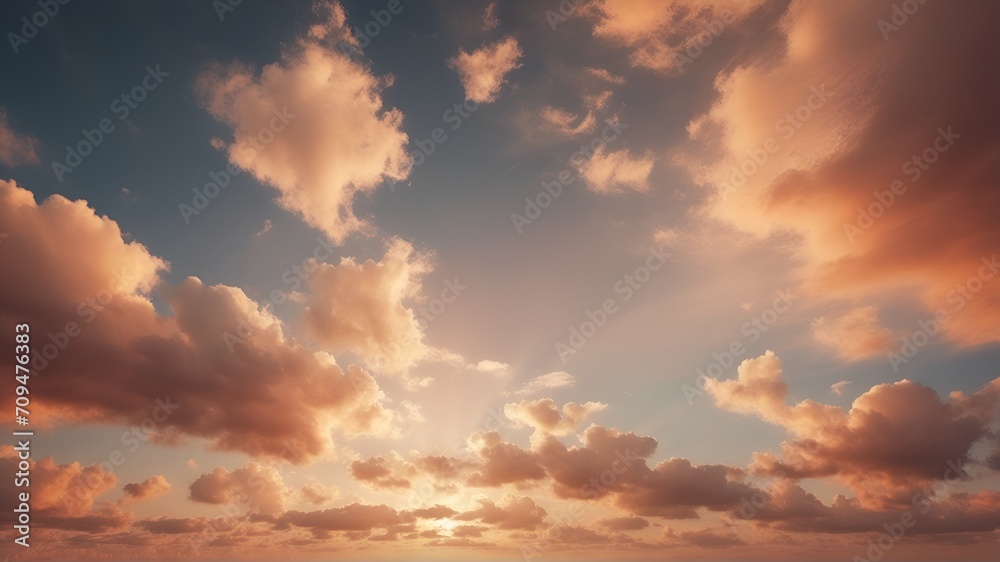 Fototapeta premium Beautiful background image of a romantic blue sky with soft fluffy Peach fuzz clouds. Panoramic natural view of a dreamy sky.