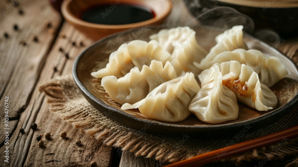 Steaming Dumplings on Rustic Plate with Chopsticks and Soy Sauce, Asian Cuisine Steaming Dumplings on Rustic Plate with Chopsticks and Soy Sauce, Asian Cuisine