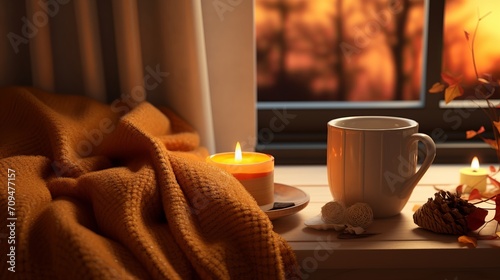 Cozy fall scene with a pumpkin spice-scented candle, a warm blanket, and a cup of tea, inviting relaxation and comfort