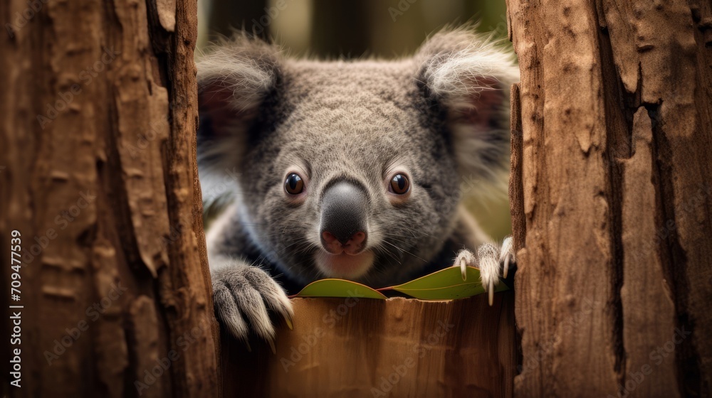 Fototapeta premium Curious koala hiding behind a tree trunk