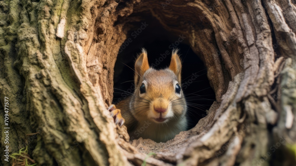 Fototapeta premium Curious squirrel peeking out of a hollow tree trunk