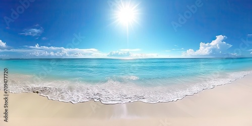 Tropical bliss. Tranquil beach scene with golden sand crystal clear waters and vibrant blue sky perfect for summer vacation concepts and relaxation themes © Bussakon