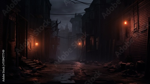 Dark and foggy alleyway with flickering streetlights and mysterious shadows, evoking a sense of suspense and thrill on Halloween night © KerXing