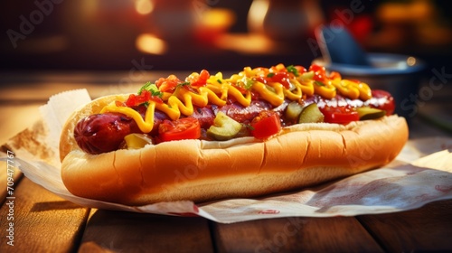 Gourmet Loaded Hot Dog with a Variety of Toppings and Condiments, Perfect for a Summer Barbecue or Casual Dining