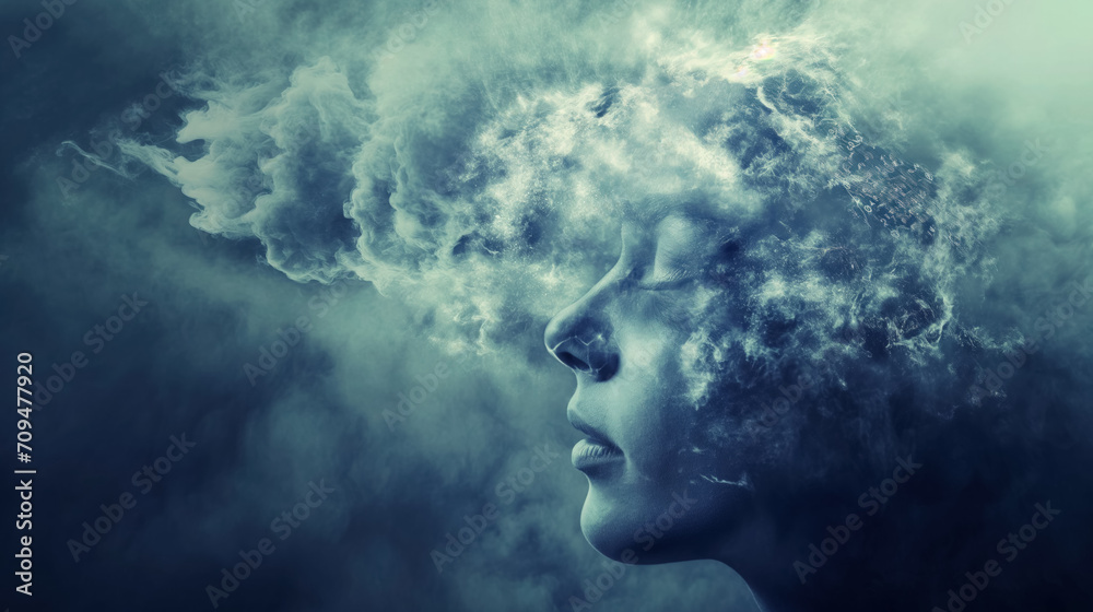 Woman's profile with cloud-like hair.