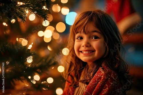 クリスマスツリーの前で微笑む女の子, Generative AI
