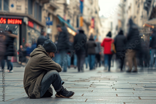 An unemployed man sat sadly on a pedestrian street with many people passing by