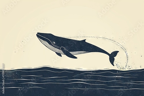 Minimal beautiful drawn diving whale. Vintage retro vibes. Birth Card inspiration.