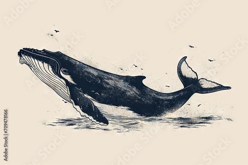 Minimal beautiful drawn diving whale. Vintage retro vibes. Birth Card inspiration.