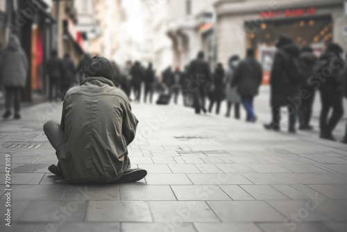 An unemployed man sat sadly on a pedestrian street with many people passing by