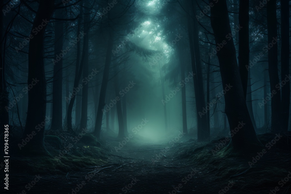 Foggy forest in misty darkness from the shadows