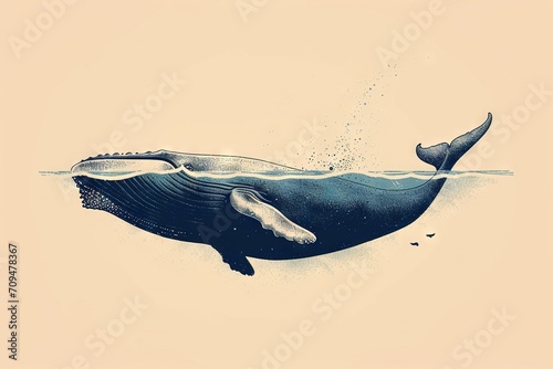 Minimal beautiful drawn diving whale. Vintage retro vibes. Birth Card inspiration.
