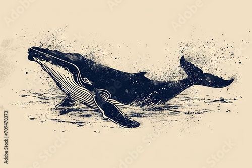 Minimal beautiful drawn diving whale. Vintage retro vibes. Birth Card inspiration.