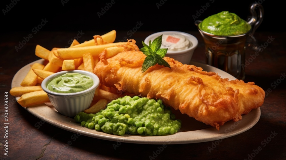 Greasy and crispy fish and chips with a side of tartar sauce and mushy peas Greasy and crispy fish and chips with a side of tartar sauce and mushy peas