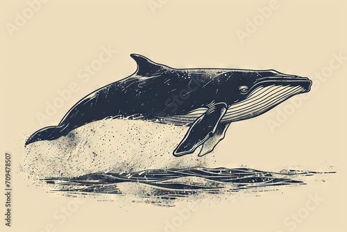 Minimal beautiful drawn diving whale. Vintage retro vibes. Birth Card inspiration.