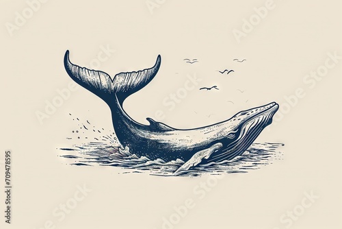 Minimal beautiful drawn diving whale. Vintage retro vibes. Birth Card inspiration.