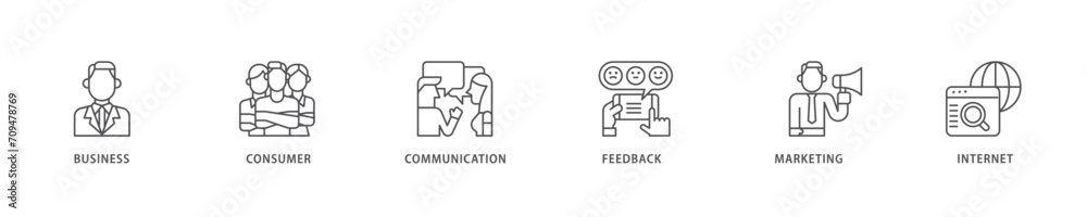 B2C icon set flow process which consists of  business, consumer, communications, feedback, marketing, and internet  icon live stroke and easy to edit 