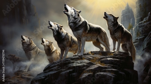 Group of wolves howling on a rocky cliff, creating a mesmerizing and ethereal sight