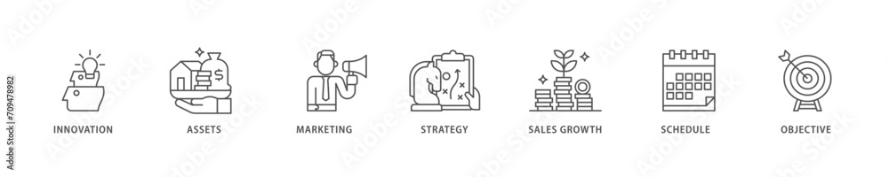 Vetor de Business plan icon set flow process which consists of ...