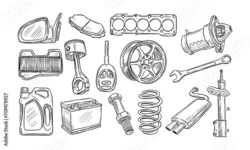 car spare parts handdrawn collection