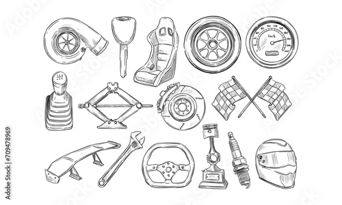 car spare parts handdrawn collection