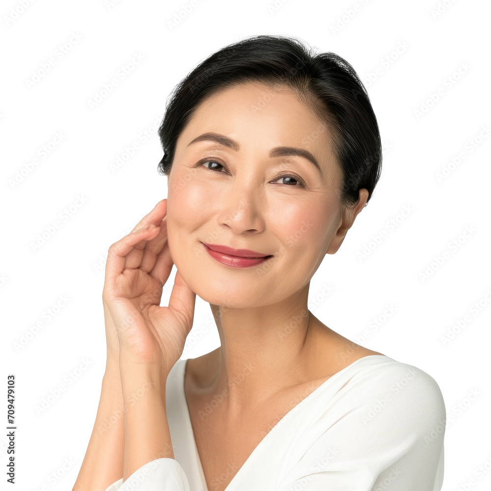 Beautiful gorgeous mid aged mature asian woman looking at camera isolated on white. Mature old lady close up portrait. Healthy face skin care beauty, skincare cosmetics, cosmetology concept, png Beautiful gorgeous mid aged mature asian woman looking at camera isolated on white. Mature old lady close up portrait. Healthy face skin care beauty, skincare cosmetics, cosmetology concept, png
