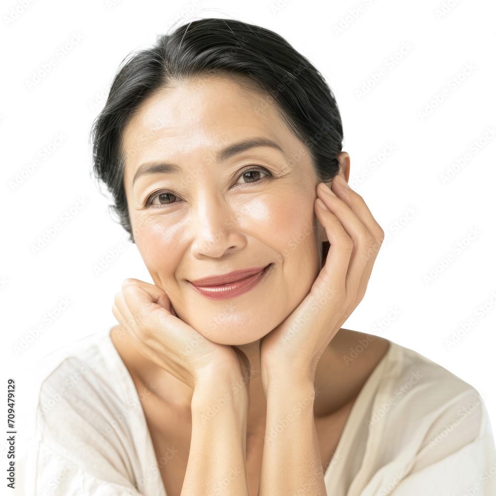 Beautiful gorgeous mid aged mature asian woman looking at camera isolated on white. Mature old lady close up portrait. Healthy face skin care beauty, skincare cosmetics, cosmetology concept, png