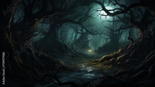 Haunted forest with gnarled branches and glowing eyes peering from the shadows, creating a chilling and atmospheric Halloween backdrop