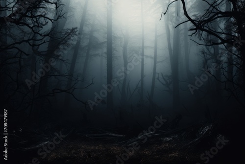 Haunted forest with mist. Halloween horror background