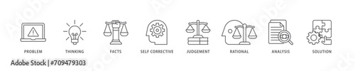Critical thinking icon set flow process which consists of solution  analysis  self corrective  rational  judgement  facts  thinking  problem icon live stroke and easy to edit 