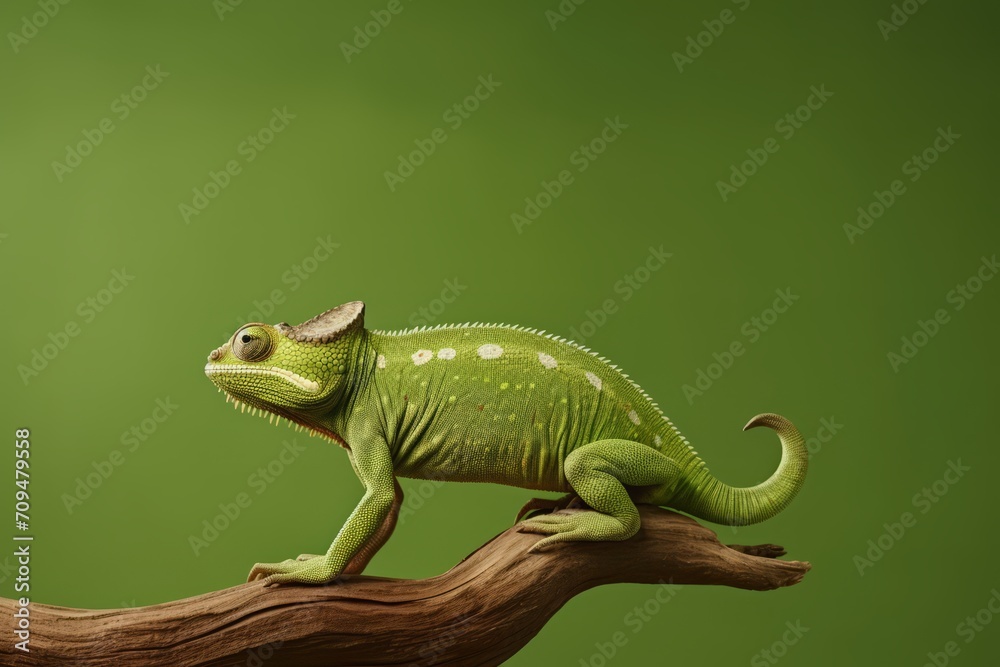 Fototapeta premium A green chameleon is seen resting on a tree branch.