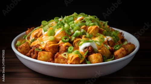 Irresistible and greasy loaded chili cheese tots with crispy tots, chili, cheese, and green onions
