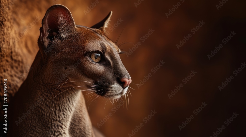 Fototapeta premium A cat is seen near a wall, its close-up portrait revealing a fierce expression.