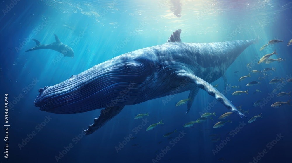 Majestic humpback whale gracefully swimming in the deep blue ocean Majestic humpback whale gracefully swimming in the deep blue ocean