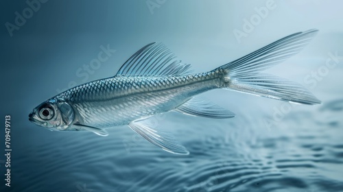 A fish is seen swimming in water, its translucent gills and swirling school evident.