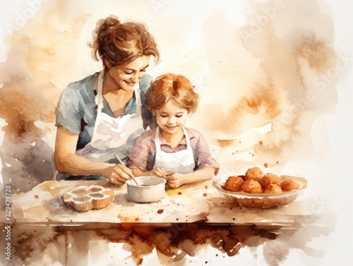 Mother and child baking cookies, watercolor illustration.