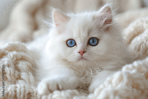 Portrait of cute little persian kitten sitting on blanket in bedroom