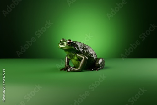 A green frog is seen sitting on a green surface, its form detailed and lifelike.