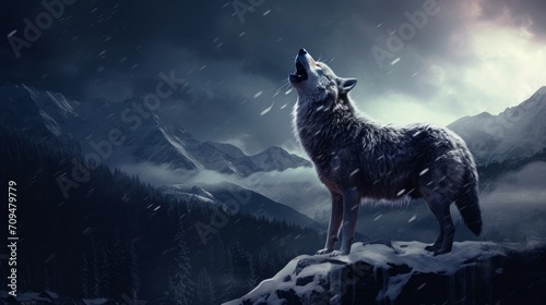 Lone wolf in a snowy landscape, its howl echoing through the silent night