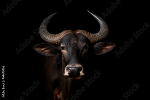 A cow's head, resembling a bull�s, is seen against a black background.