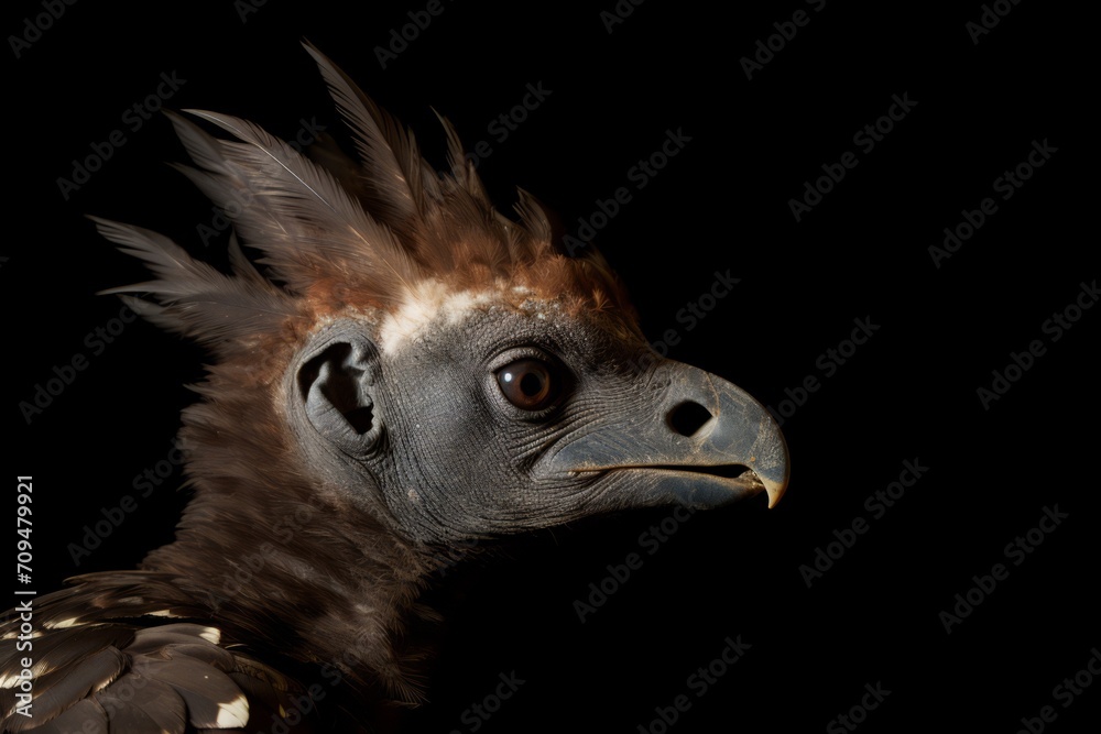 A bird, with a feathered head, is seen against a black background, its head resembling an eagle's. A bird, with a feathered head, is seen against a black background, its head resembling an eagle's.