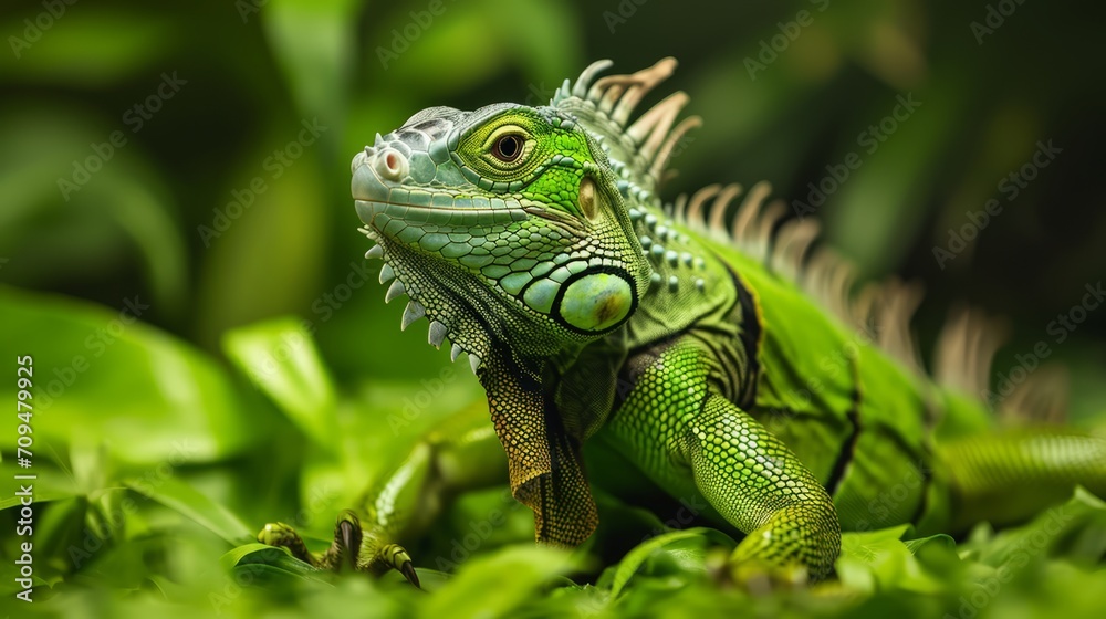 A green iguana is seen sitting on a lush green field, its scales detailed. A green iguana is seen sitting on a lush green field, its scales detailed.