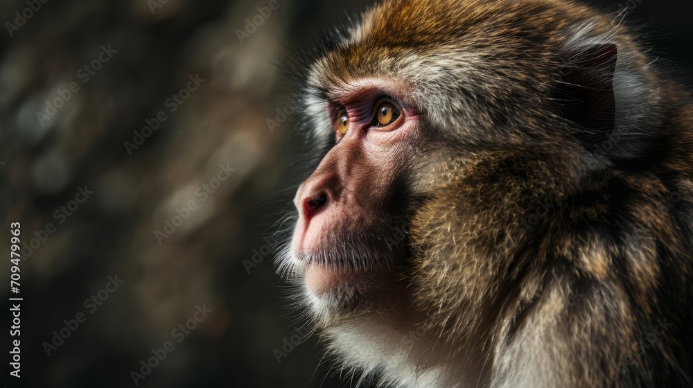 Obraz premium A monkey's face is seen against a blurry background, its pensive expression captured.