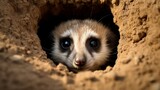 A close up of a meerkat poking its head out of a hole