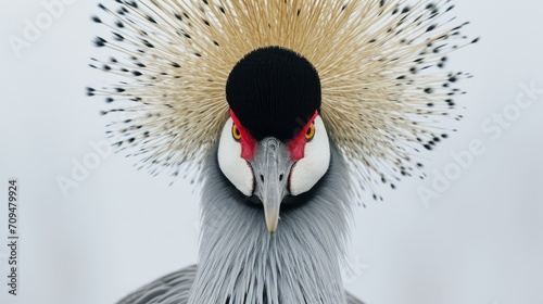 A bird, wearing a crown of bright feathers, displays a cocky expression. photo