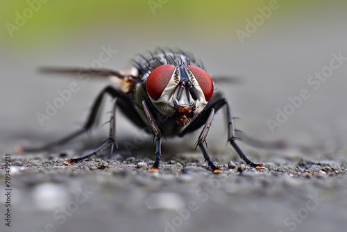 A fly, with compound eyes, is seen on the ground, its creepy form detailed.