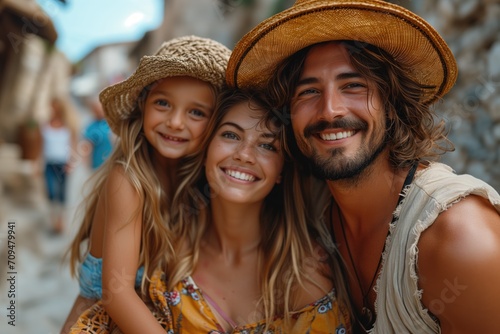 Sunshine and Smiles: Family Enjoying a Summer Day in a Picturesque Alley. AI generative. © NILSEN Studio
