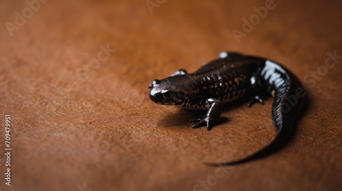 A small black and white lizard, resembling a salamander, is seen on a brown surface.
